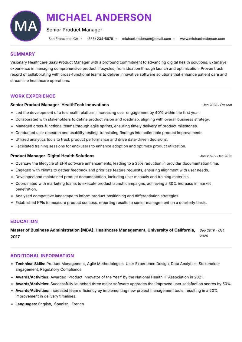Healthcare SaaS Product Manager Resume Preview Example
