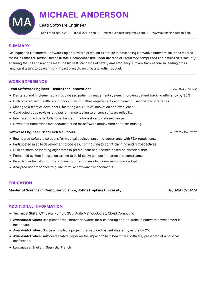 Healthcare Software Engineer Resume Preview Example