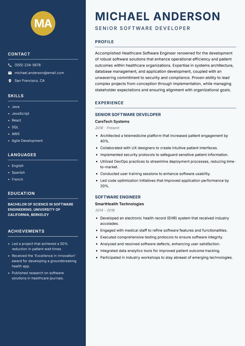 Healthcare Software Engineer Resume Preview Example