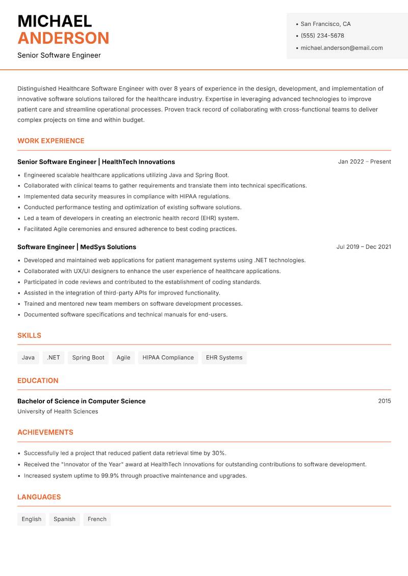 Healthcare Software Engineer Resume Template