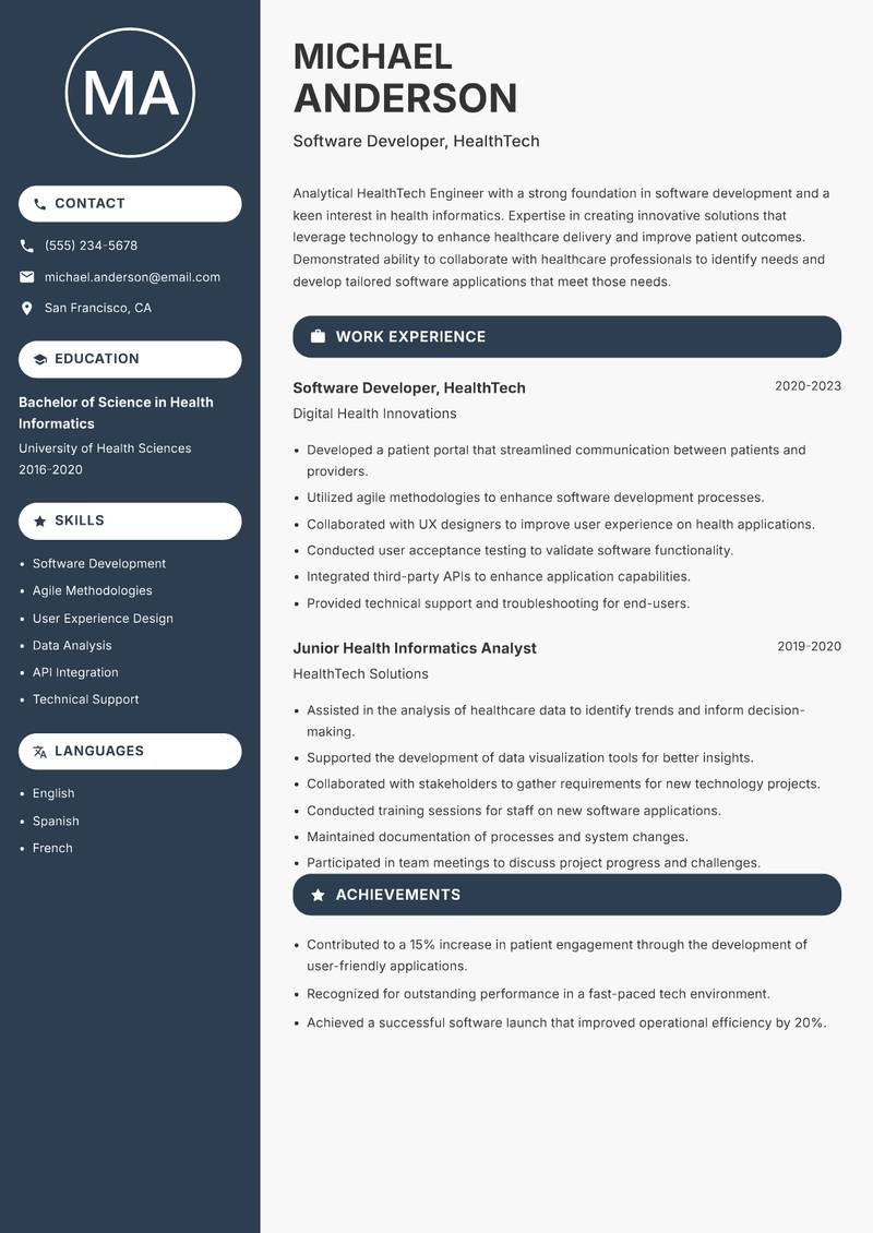 HealthTech Engineer Resume Preview Example