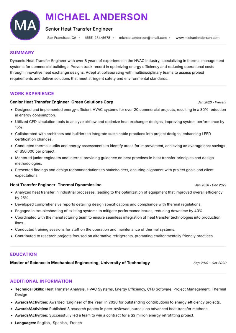 Heat Transfer Engineer Resume Preview Example