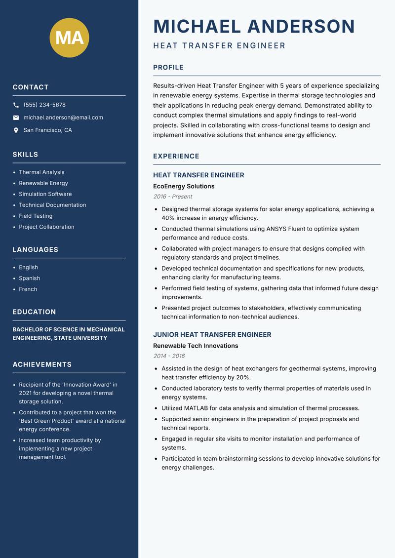 Heat Transfer Engineer Resume Preview Example