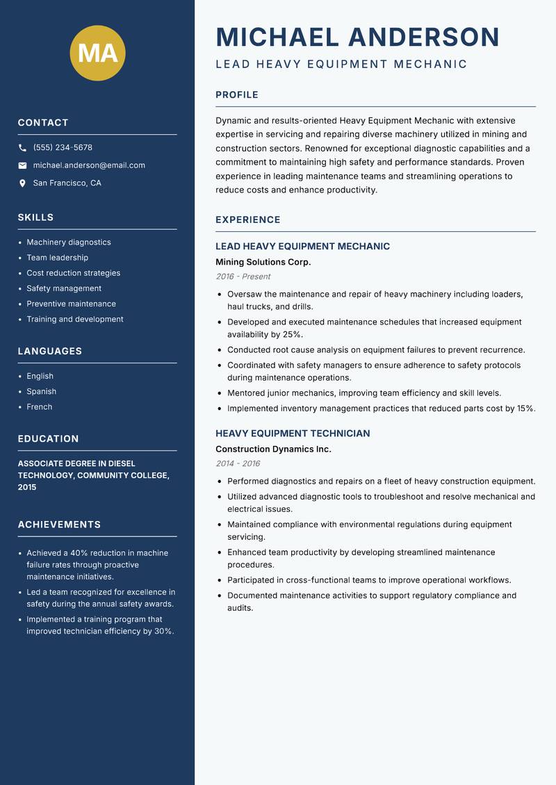Heavy Equipment Mechanic Resume Preview Example