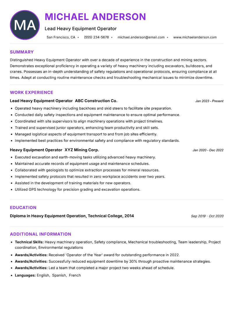 Heavy Equipment Operator Resume Preview Example