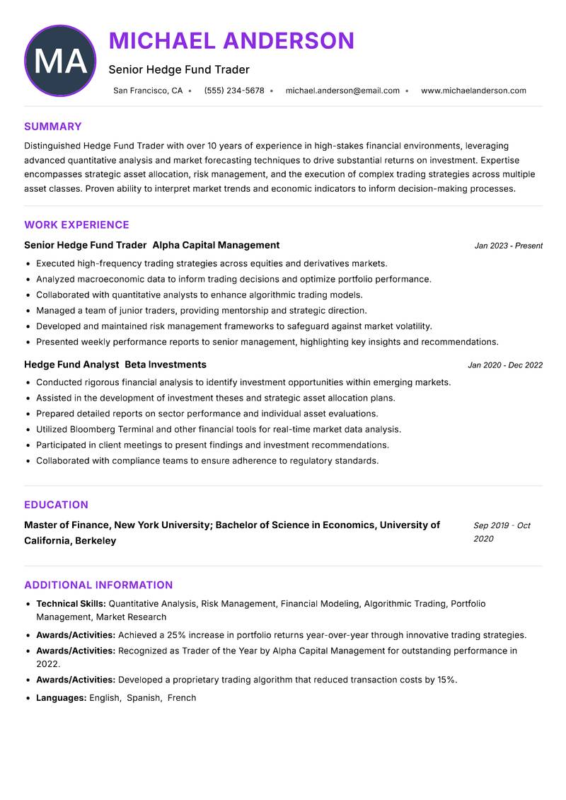 Hedge Fund Trader Resume Preview Example