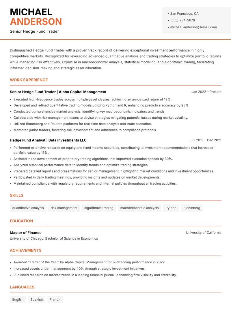 Hedge Fund Trader Resume Template