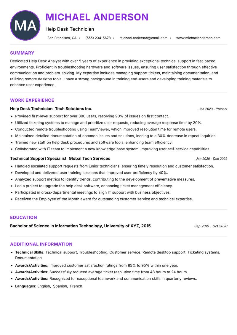 Help Desk Analyst Resume Preview Example
