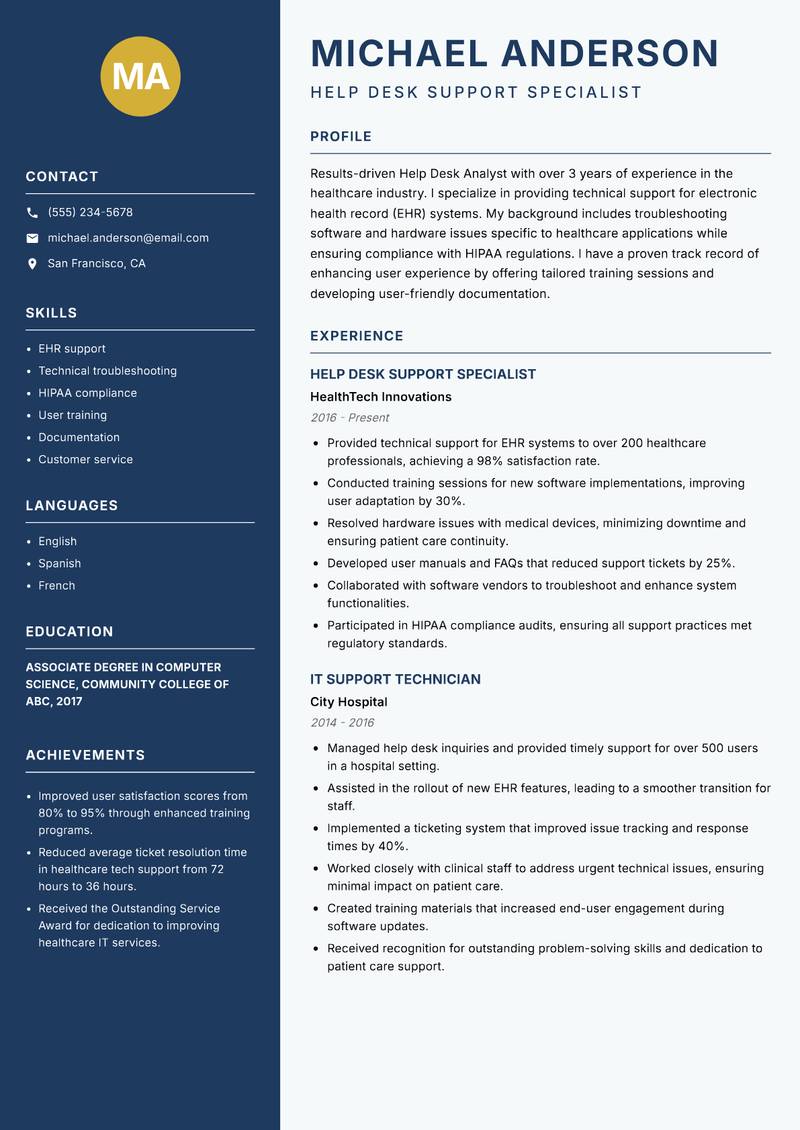 Help Desk Analyst Resume Preview Example