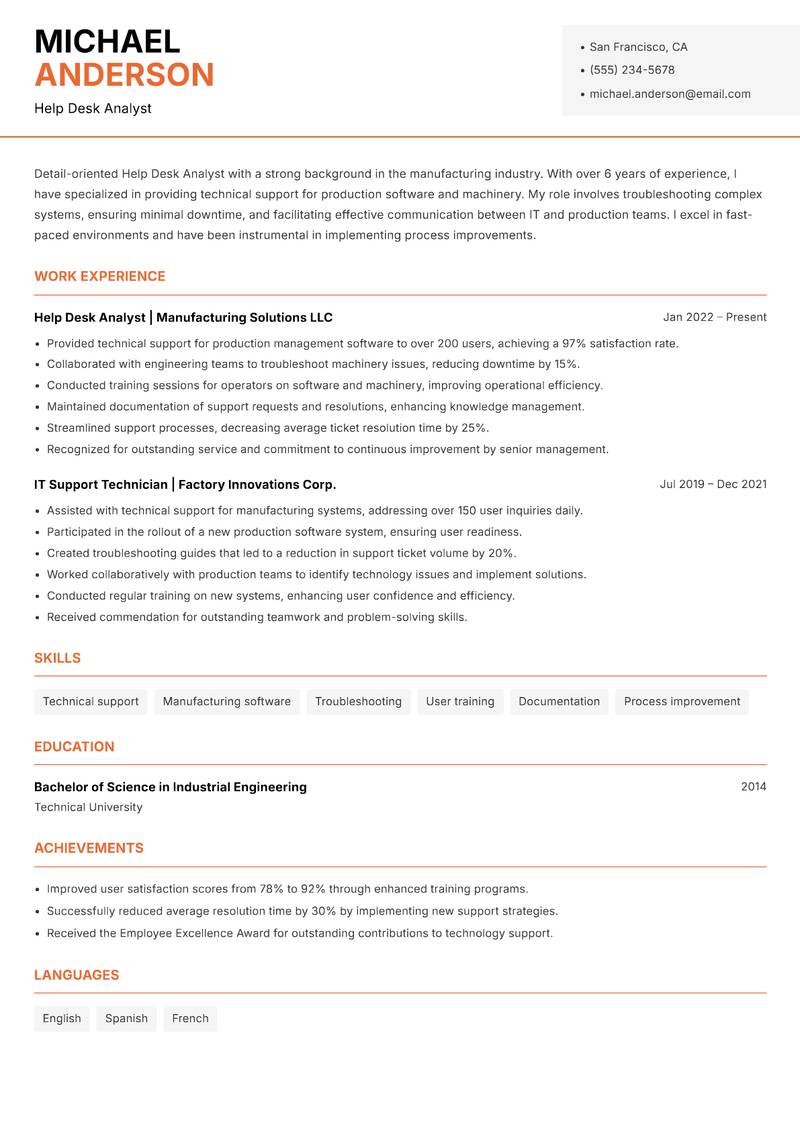Help Desk Analyst Resume Template