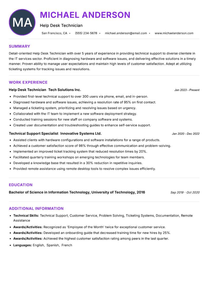 Help Desk Technician Resume Preview Example