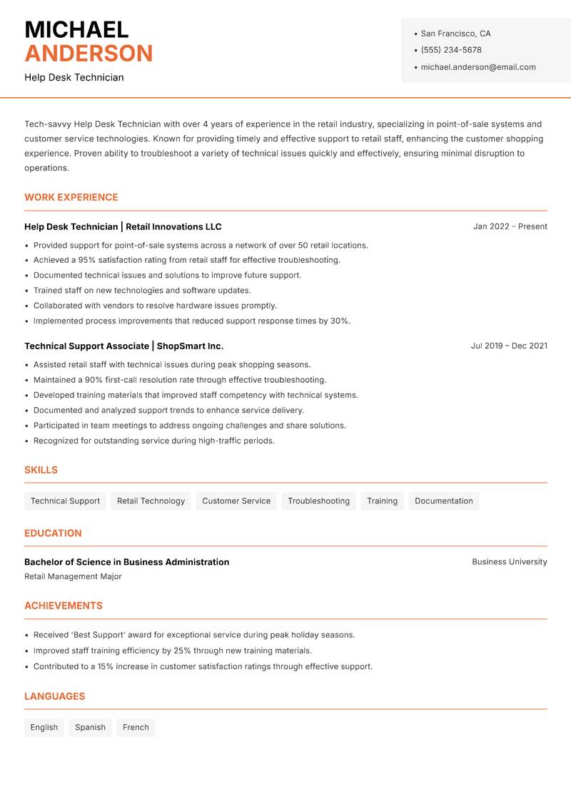Help Desk Technician Resume Template