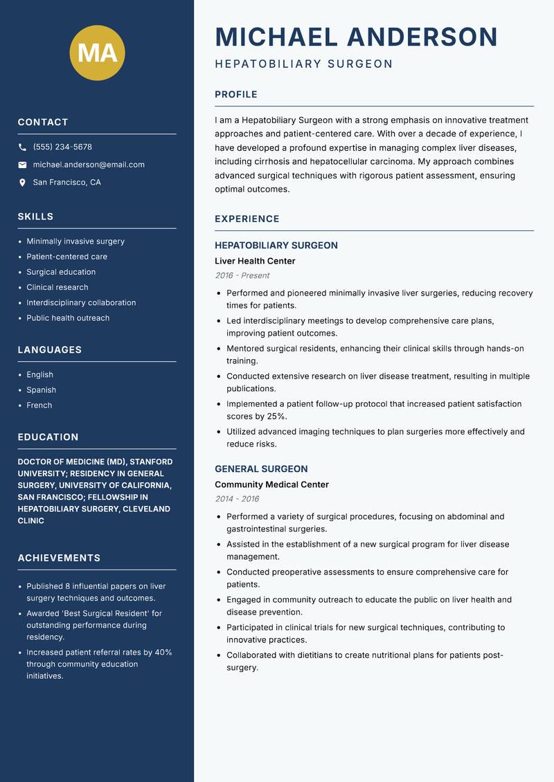 Hepatobiliary Surgeon Resume Preview Example