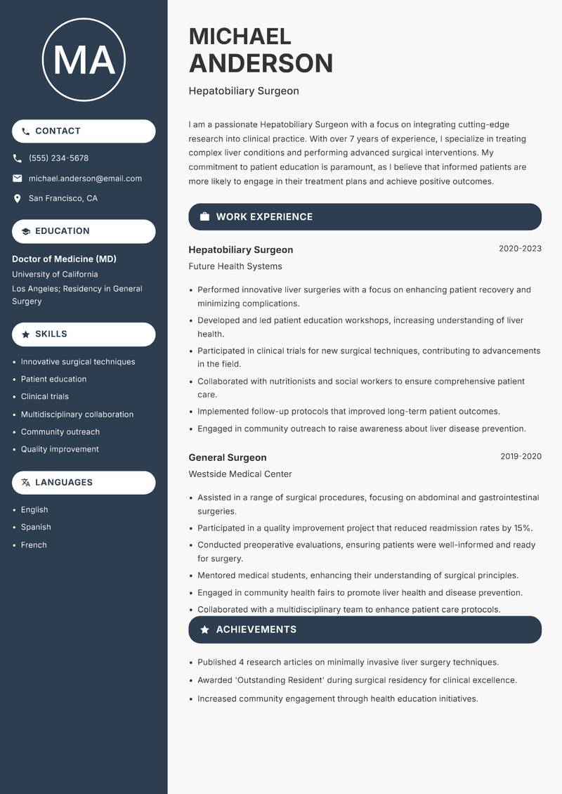 Hepatobiliary Surgeon Resume Preview Example