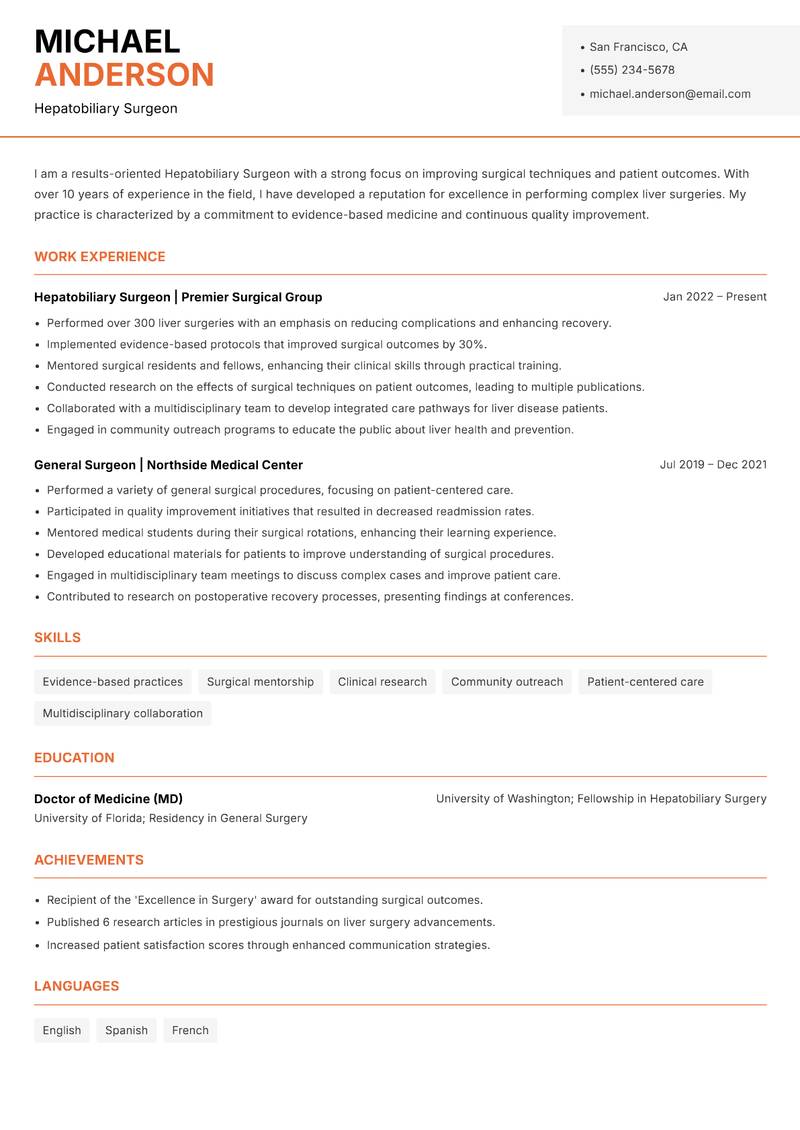 Hepatobiliary Surgeon Resume Template