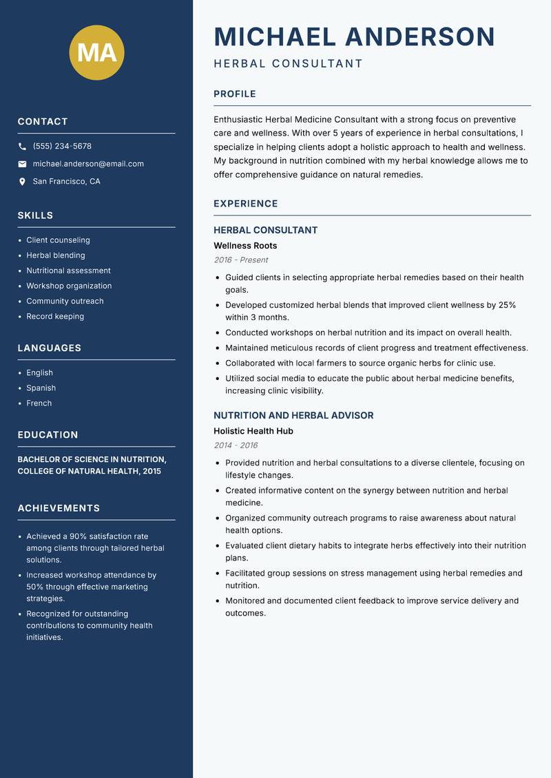 Herbal Medicine Consultant Resume Preview Example
