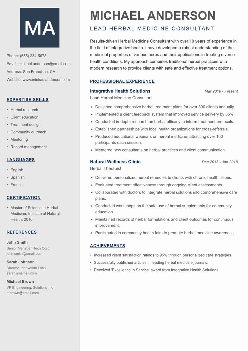 Herbal Medicine Consultant Resume Preview Example