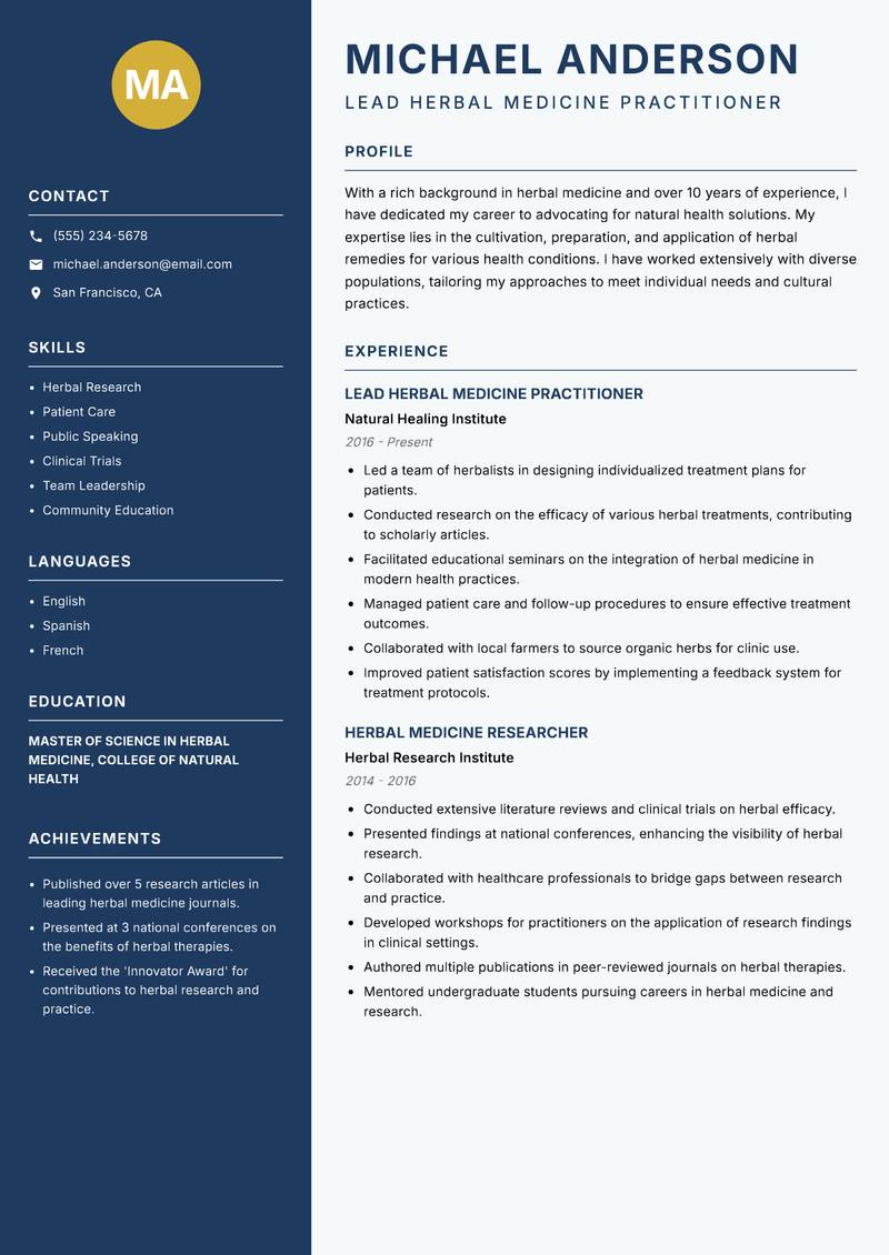 Herbal Medicine Practitioner Resume Preview Example