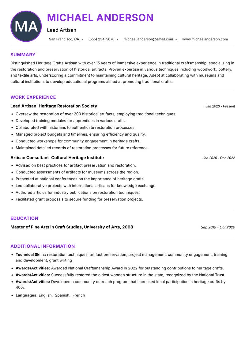 Heritage Crafts Artisan Resume Preview Example