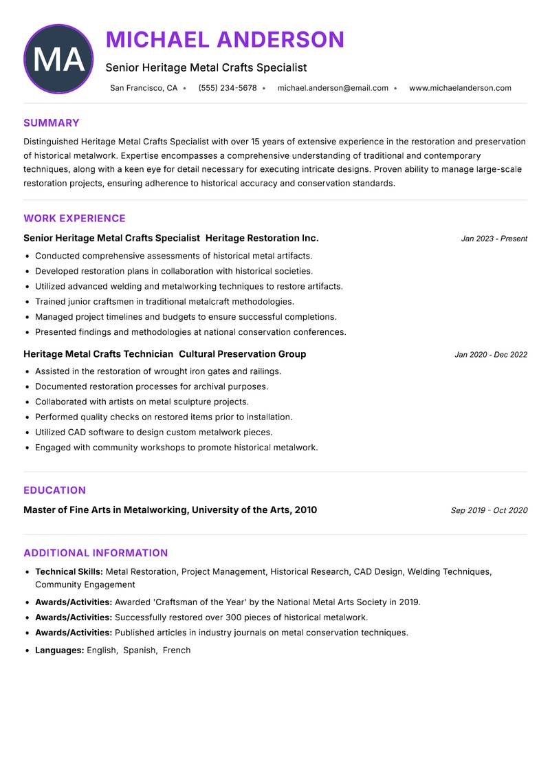 Heritage Metal Crafts Specialist Resume Preview Example