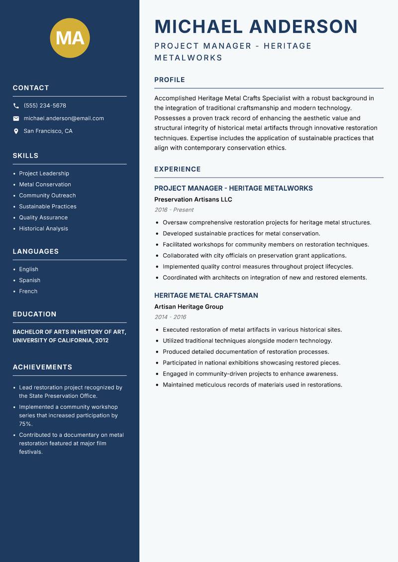 Heritage Metal Crafts Specialist Resume Preview Example