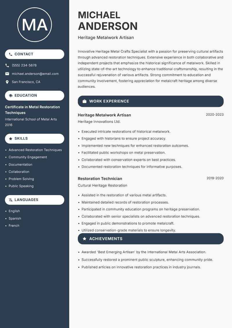 Heritage Metal Crafts Specialist Resume Preview Example