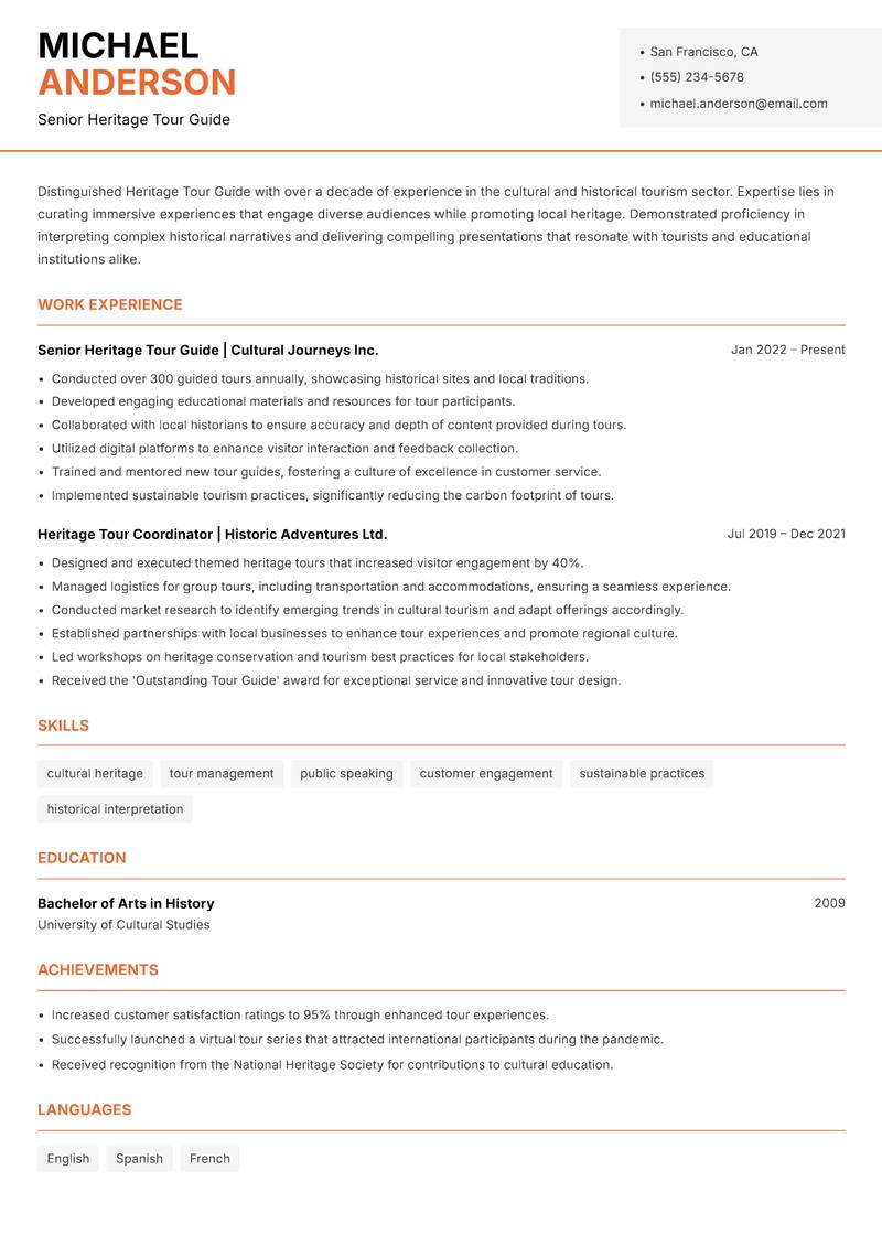 Heritage Tour Guide Resume Template