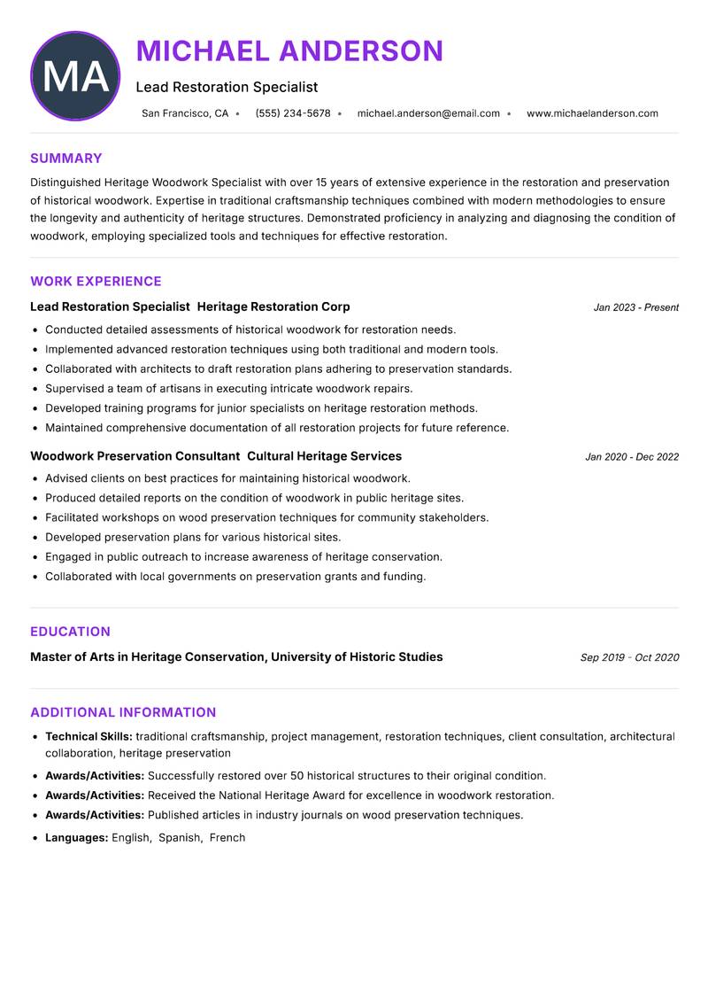 Heritage Woodwork Specialist Resume Preview Example