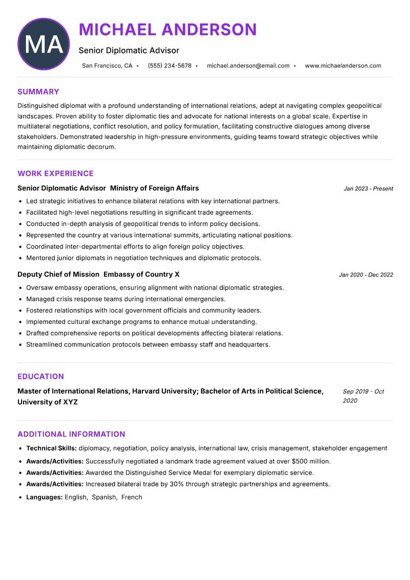 High Commissioner Resume Preview Example