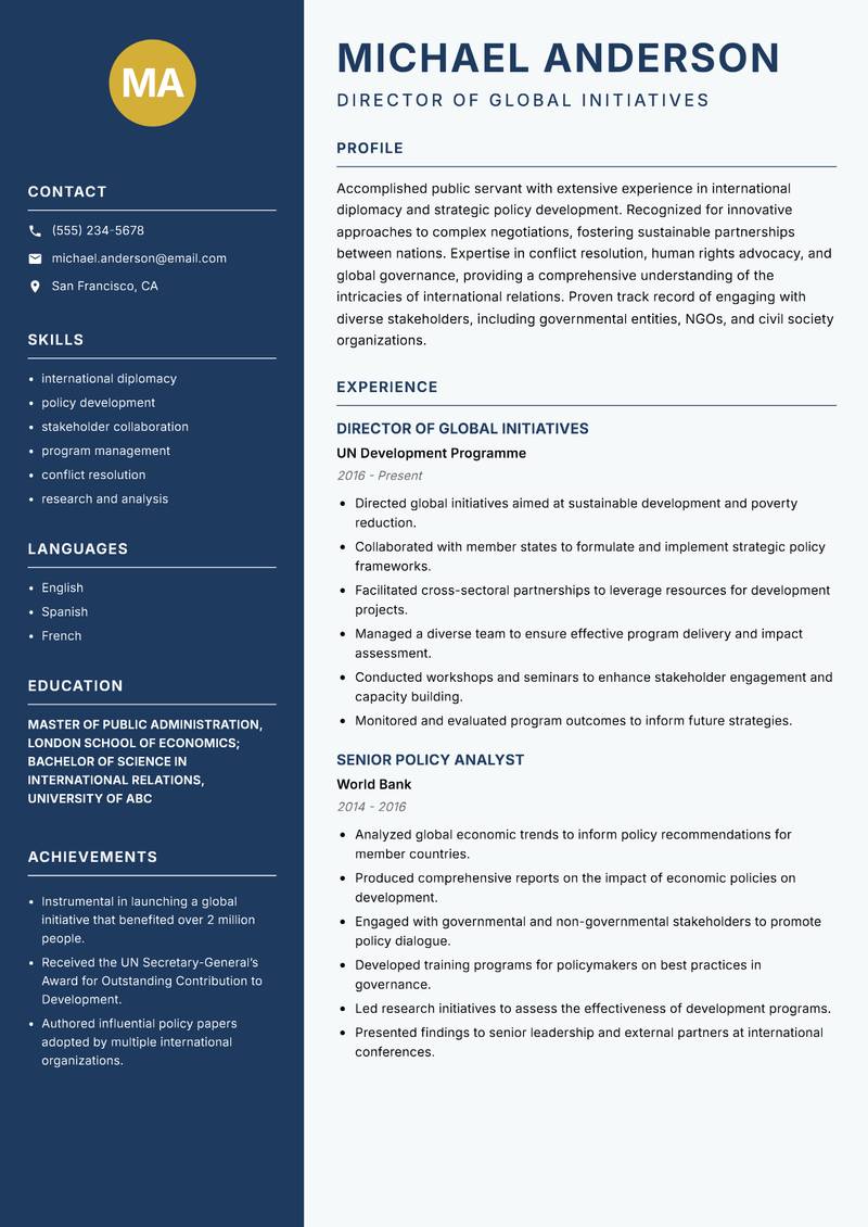 High Commissioner Resume Preview Example