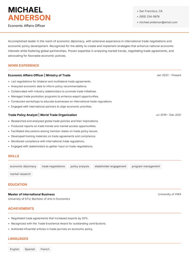 High Commissioner Resume Template