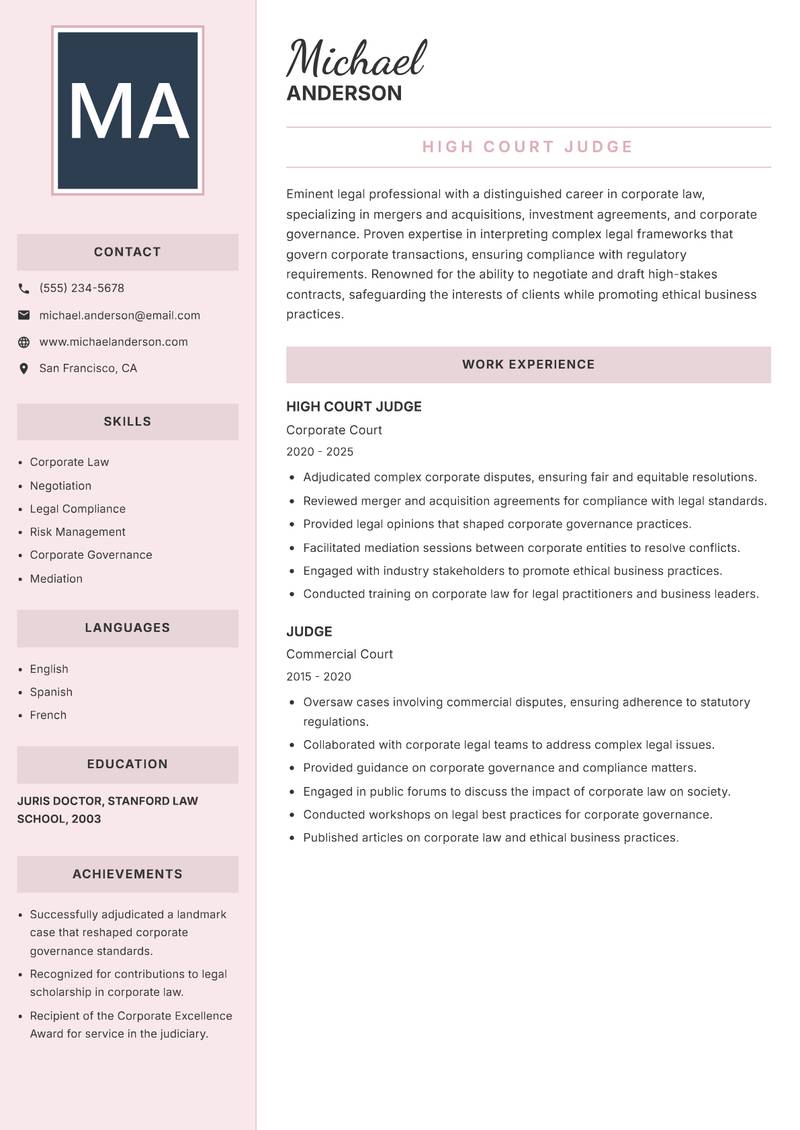 High Court Judge Resume Preview Example