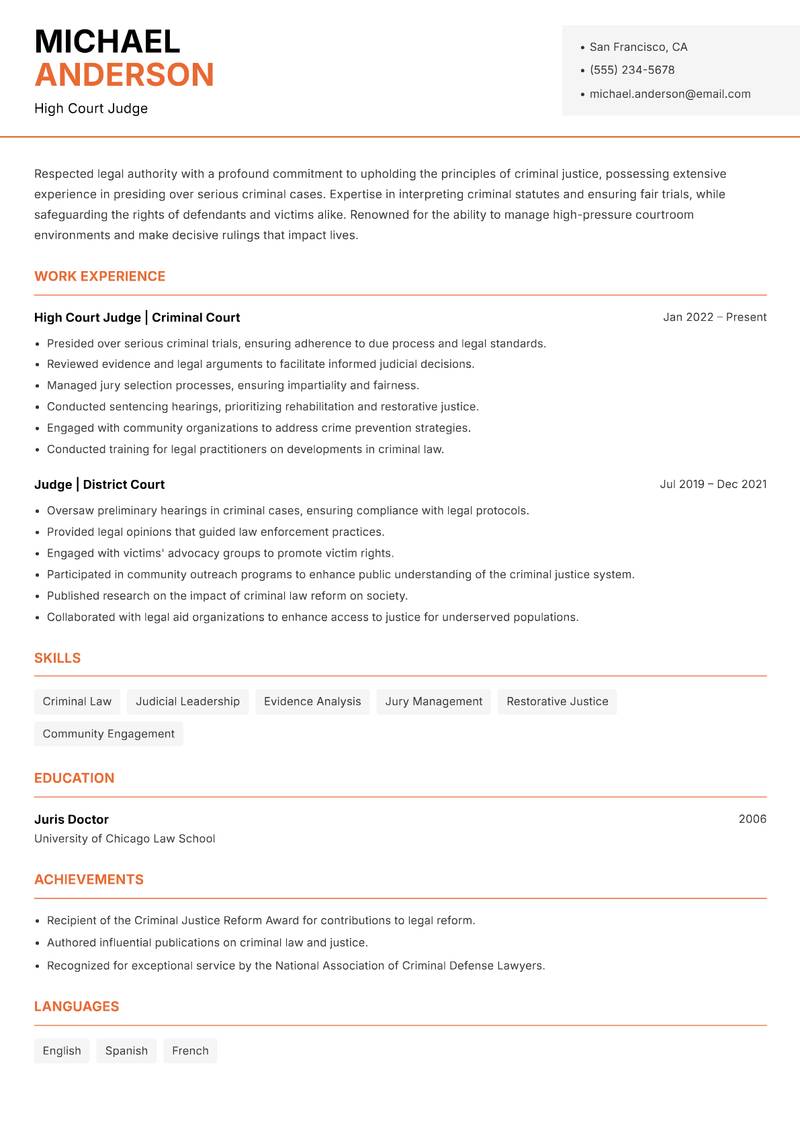 High Court Judge Resume Template