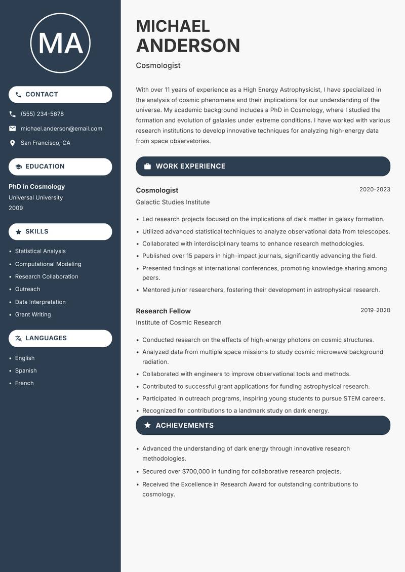 High Energy Astrophysicist Resume Preview Example