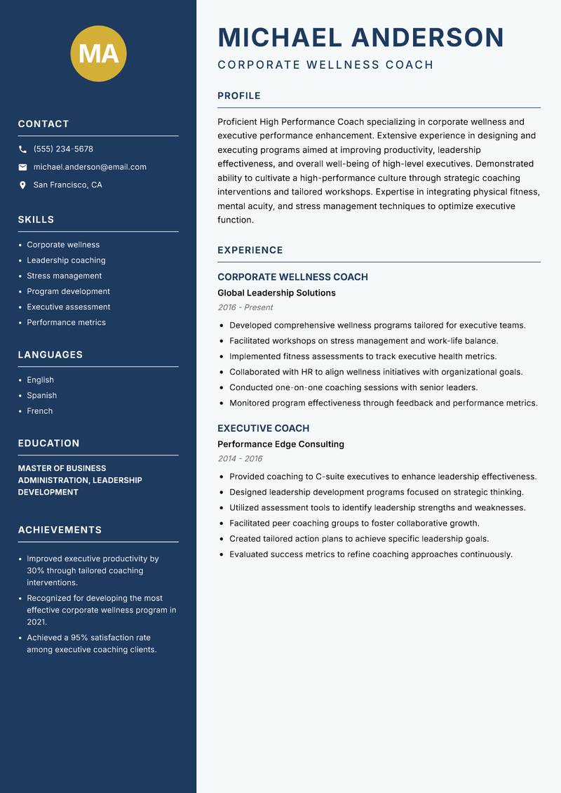 High Performance Coach Resume Preview Example