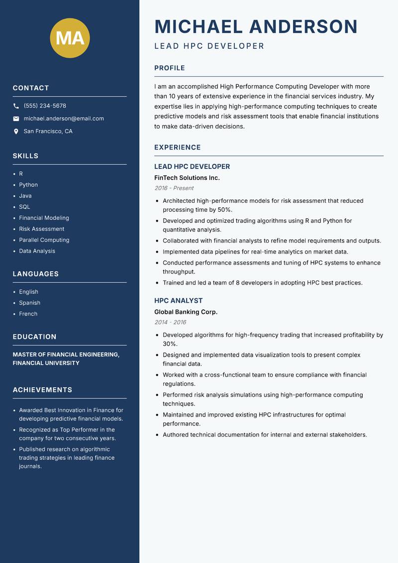 High Performance Computing Developer Resume Preview Example