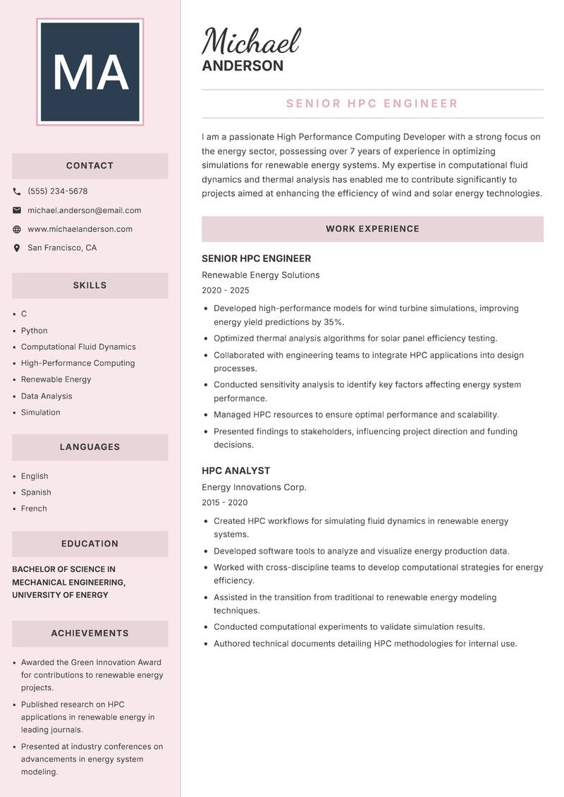 High Performance Computing Developer Resume Preview Example