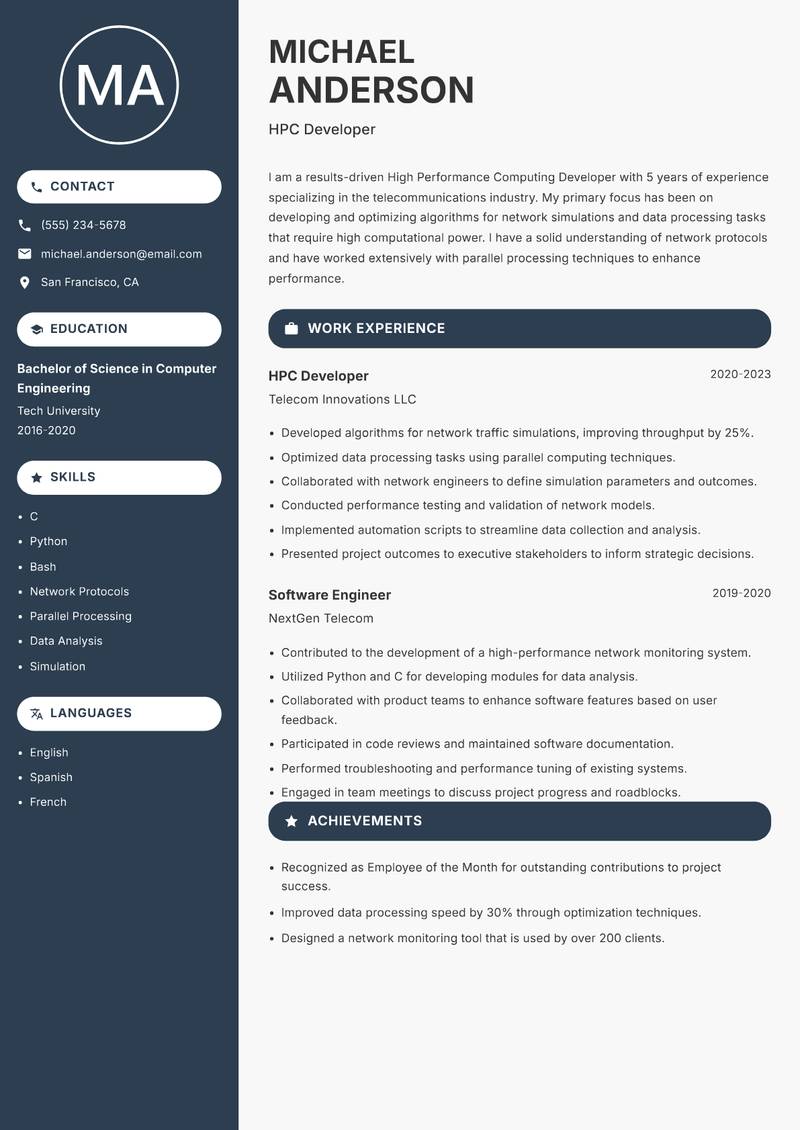 High Performance Computing Developer Resume Preview Example