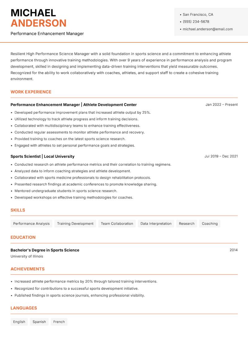 High Performance Science Manager Resume Template
