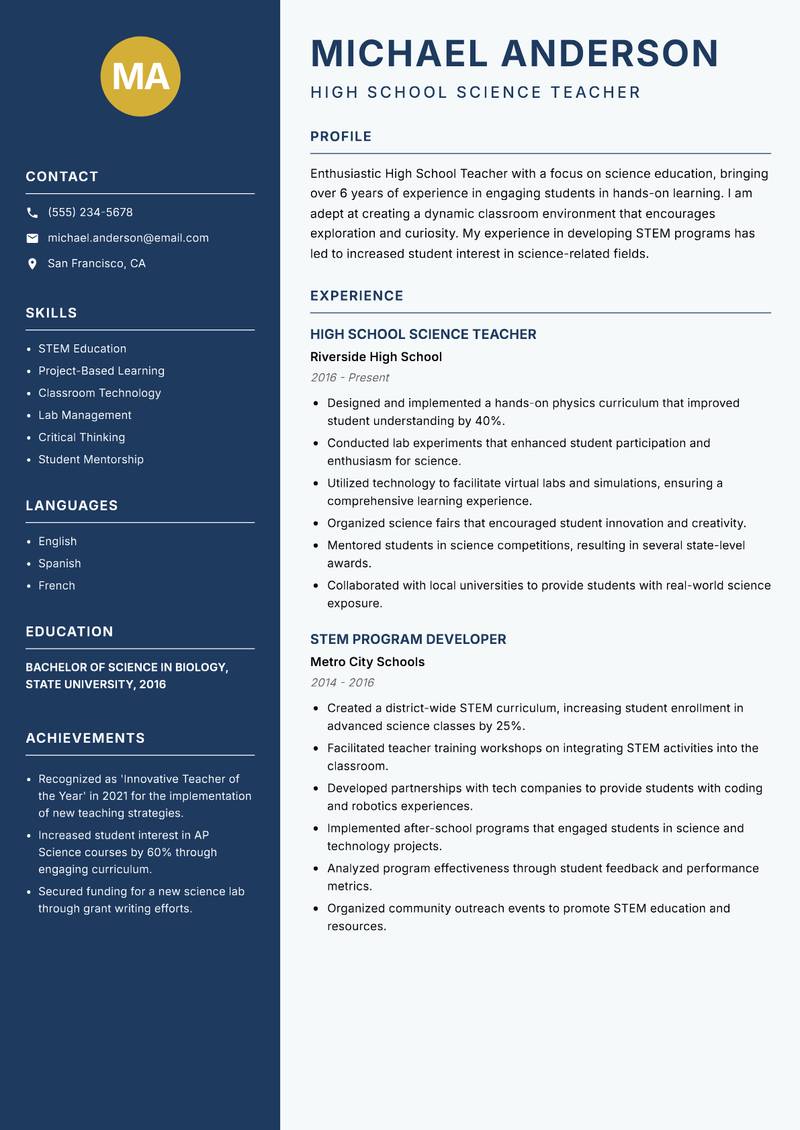 High School Teacher Resume Preview Example