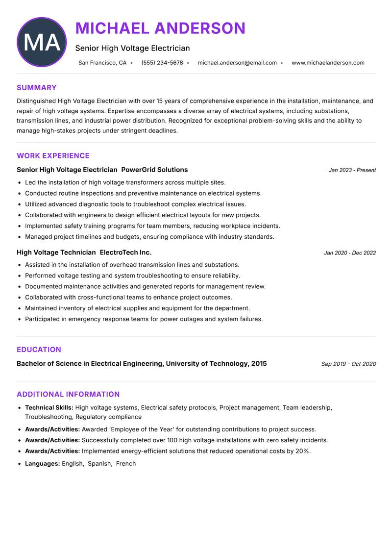 High Voltage Electrician Resume Preview Example