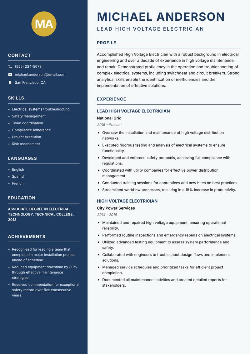 High Voltage Electrician Resume Preview Example