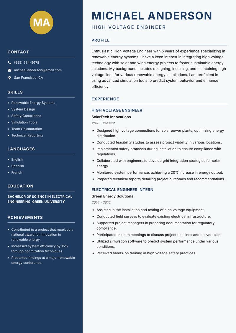 High Voltage Engineer Resume Preview Example