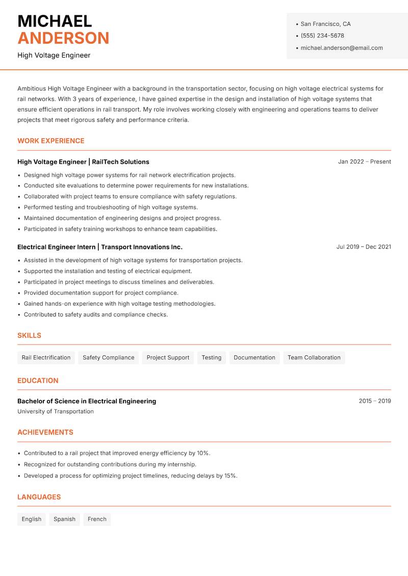 High Voltage Engineer Resume Template