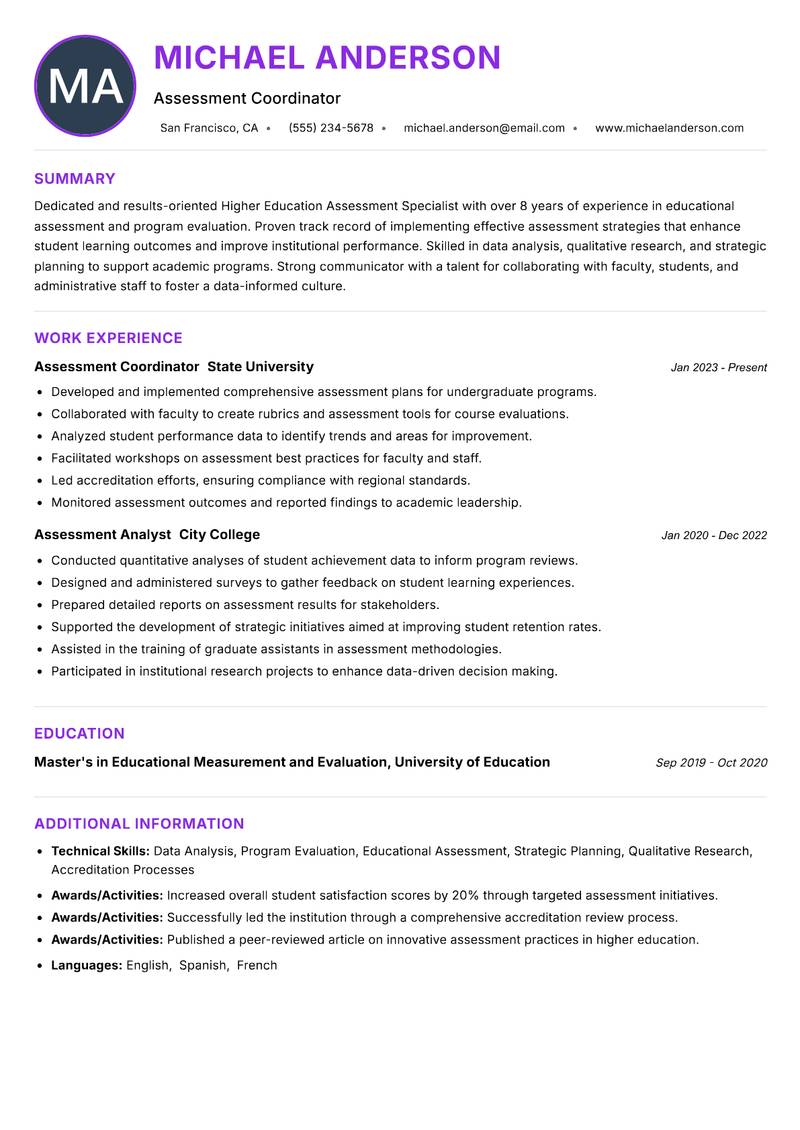 Higher Education Assessment Specialist Resume Preview Example