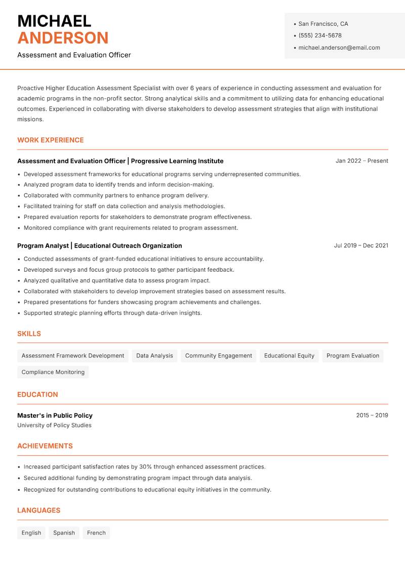 Higher Education Assessment Specialist Resume Template