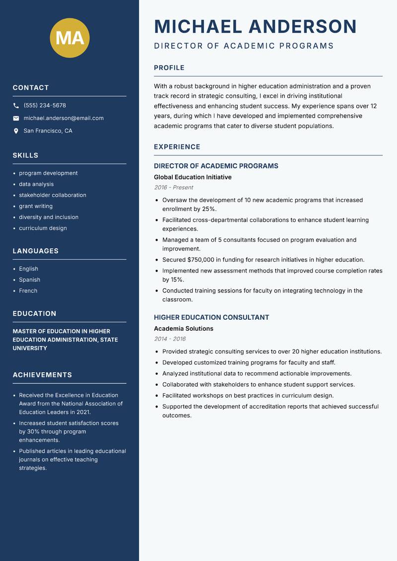 Higher Education Consultant Resume Preview Example
