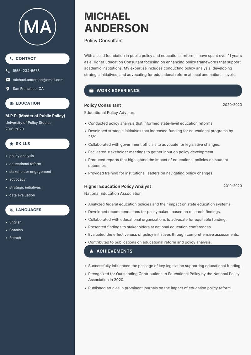 Higher Education Consultant Resume Preview Example