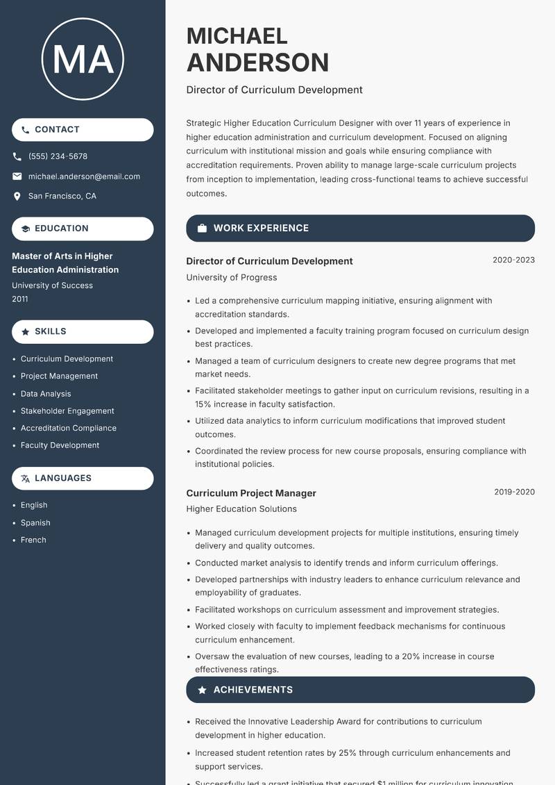 Higher Education Curriculum Designer Resume Preview Example