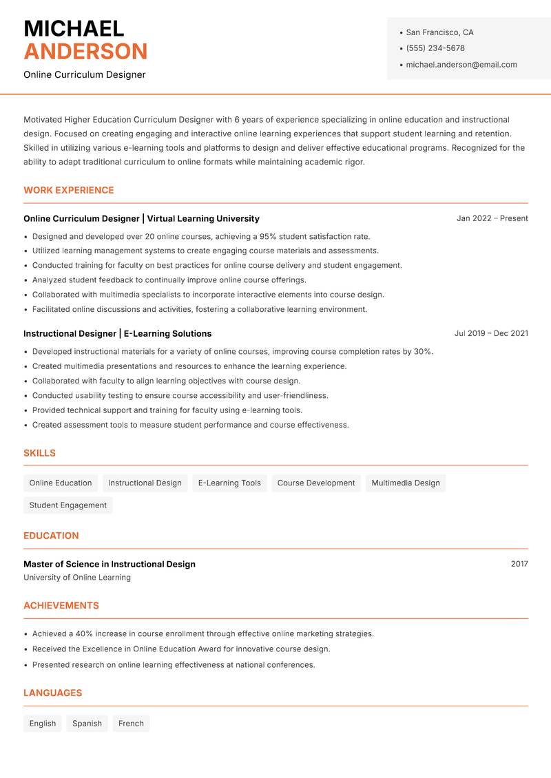 Higher Education Curriculum Designer Resume Template